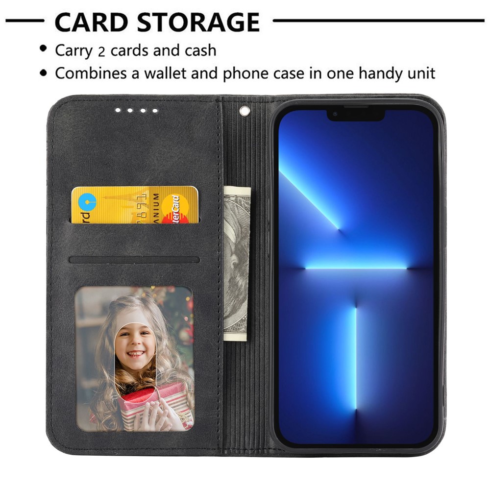 For iPhone 13 Pro Max 6.7 inch Magnetic Anti-fingerprint Calf Texture PU Leather Case Wallet Imprinted Rhombus Pattern Phone Stand Cover with Strap - Black-3