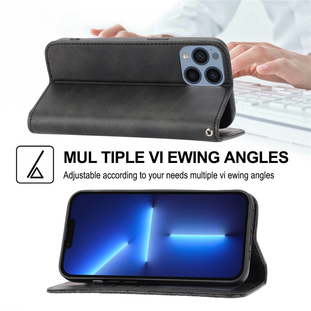 For iPhone 13 Pro Max 6.7 inch Magnetic Anti-fingerprint Calf Texture PU Leather Case Wallet Imprinted Rhombus Pattern Phone Stand Cover with Strap - Black-4