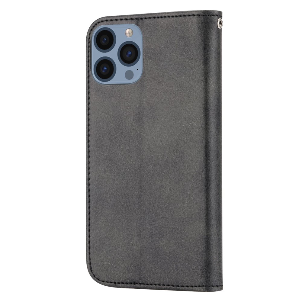 For iPhone 13 Pro Max 6.7 inch Magnetic Anti-fingerprint Calf Texture PU Leather Case Wallet Imprinted Rhombus Pattern Phone Stand Cover with Strap - Black-8