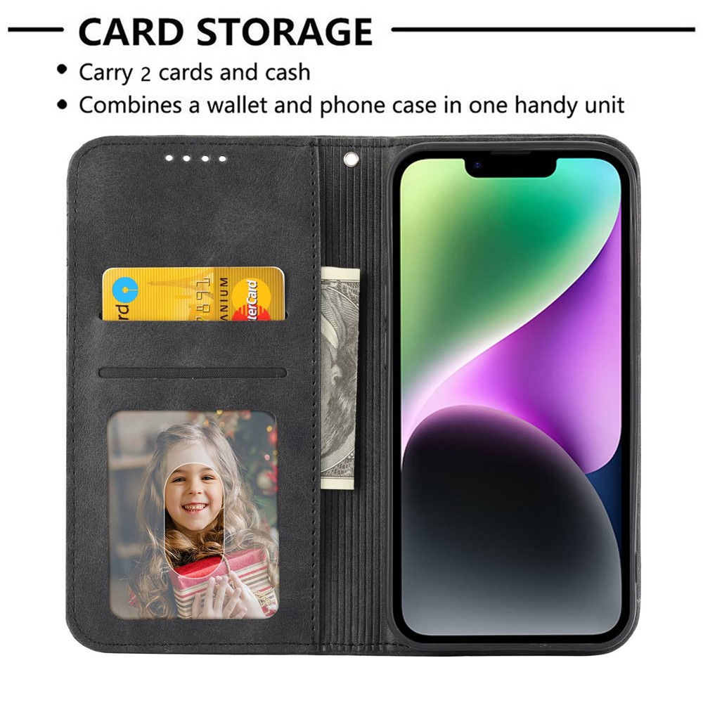 For iPhone 14 Anti-scratch Calf Texture Magnetic Wallet PU Leather Case Imprinted Rhombus Pattern Stand Cover with Strap - Black-3