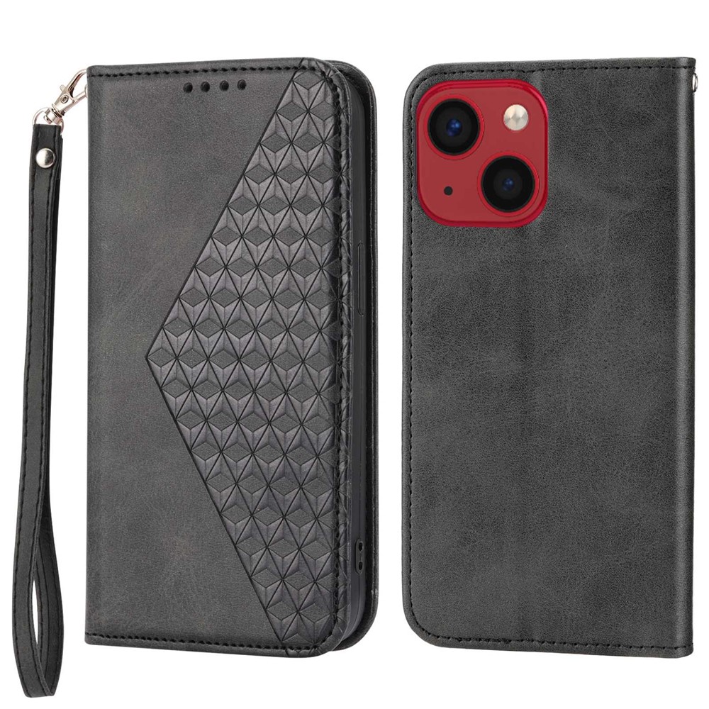 For iPhone 14 Plus Imprinted Rhombus Pattern Phone Stand Cover Calf Texture PU Leather Case Magnetic Wallet with Strap - Black-1