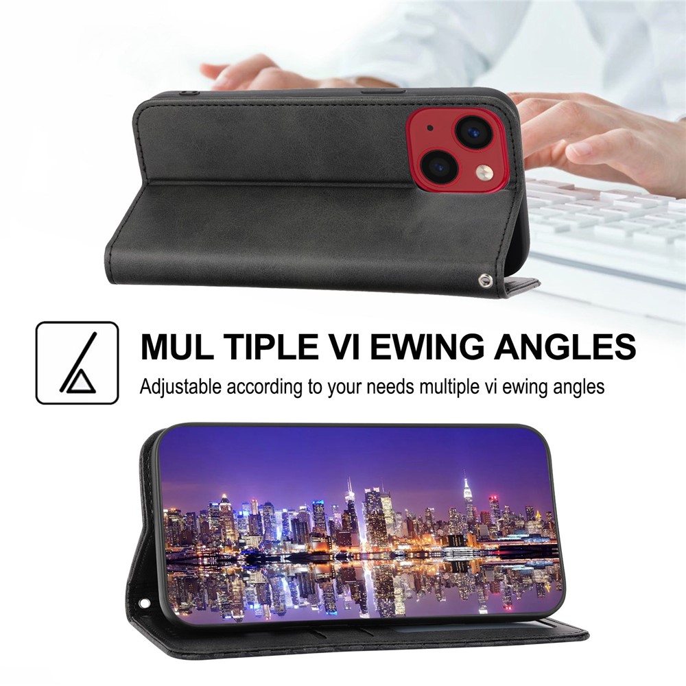 For iPhone 14 Plus Imprinted Rhombus Pattern Phone Stand Cover Calf Texture PU Leather Case Magnetic Wallet with Strap - Black-4
