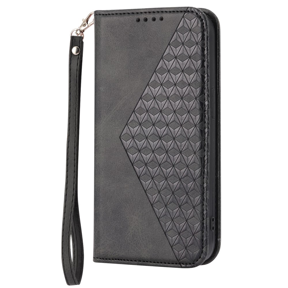 For iPhone 14 Plus Imprinted Rhombus Pattern Phone Stand Cover Calf Texture PU Leather Case Magnetic Wallet with Strap - Black-7