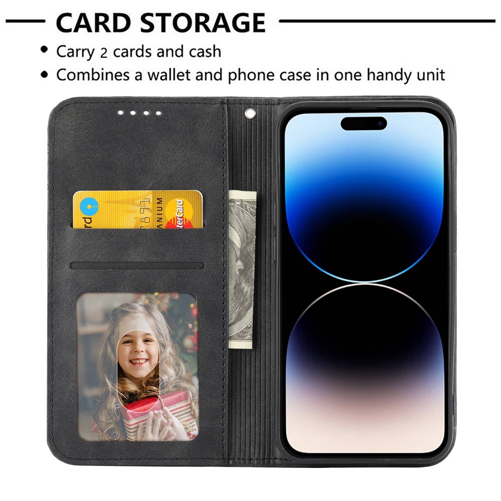 For iPhone 14 Pro Calf Texture Wallet Imprinted Rhombus Pattern Phone Stand PU Leather Case Magnetic Cover with Strap - Black-3