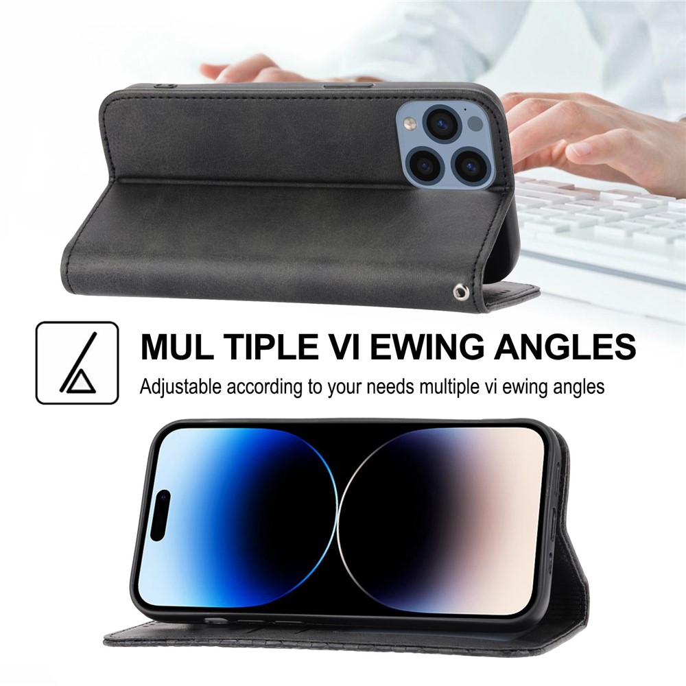 For iPhone 14 Pro Calf Texture Wallet Imprinted Rhombus Pattern Phone Stand PU Leather Case Magnetic Cover with Strap - Black-4