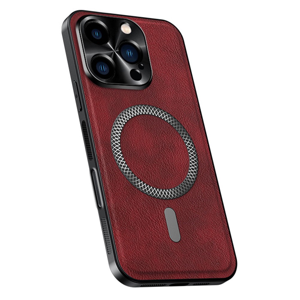 For iPhone 16 Pro Max Case Compatible with MagSafe PU TPU PC Phone Back Cover with Metal Lens Frame - Wine Red