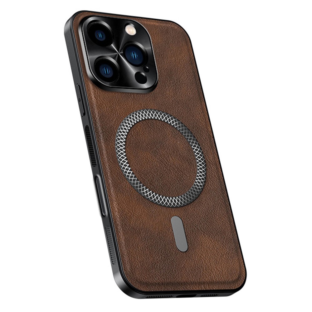 For iPhone 16 Pro Max Case Compatible with MagSafe PU TPU PC Phone Back Cover with Metal Lens Frame - Brown