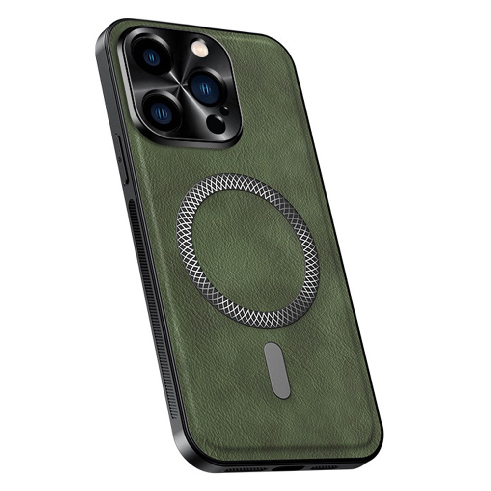 For iPhone 15 Pro Case Compatible with MagSafe PU TPU PC Phone Back Cover with Metal Lens Frame - Green