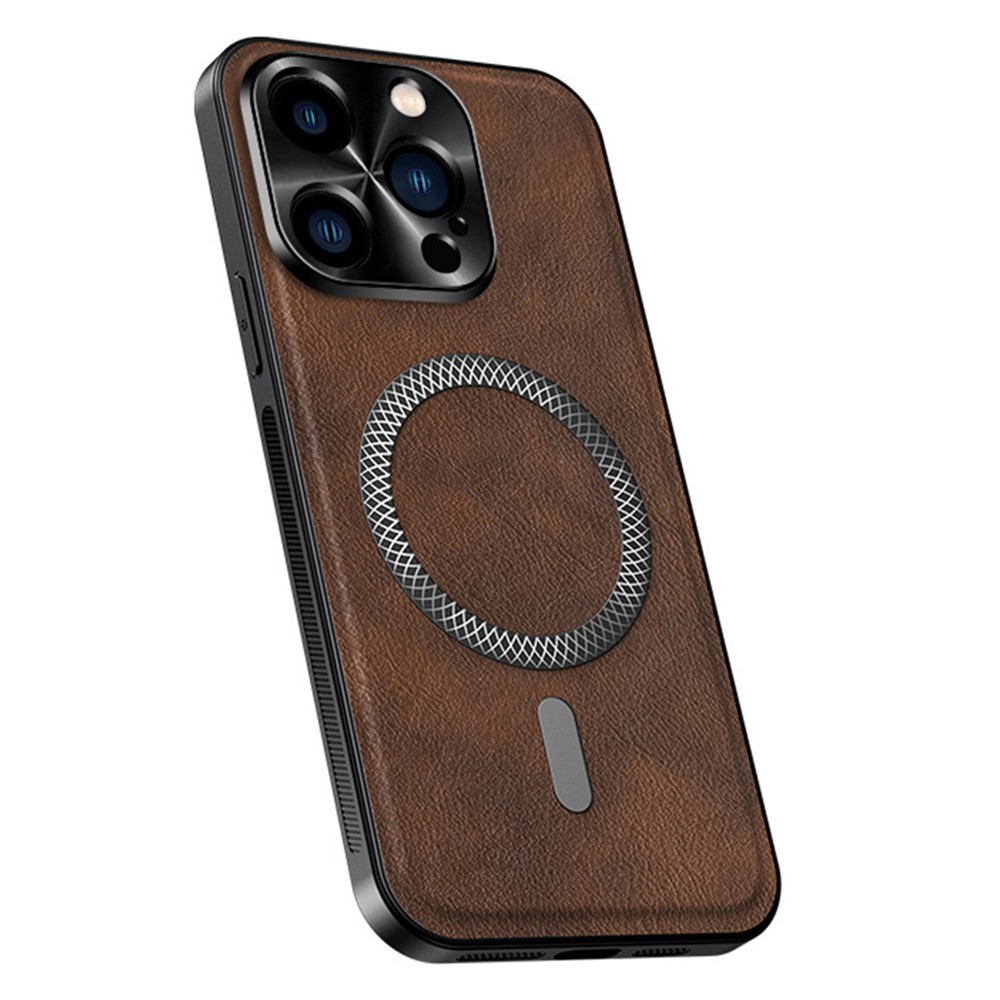 For iPhone 15 Pro Max Case Compatible with MagSafe PU TPU PC Phone Back Cover with Metal Lens Frame - Brown