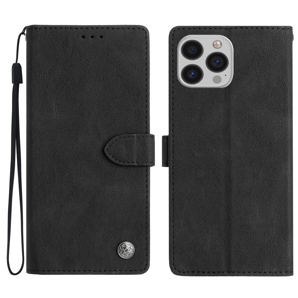 For iPhone 15 Pro Max Leather Case Solid Color Phone Wallet Cover - Black