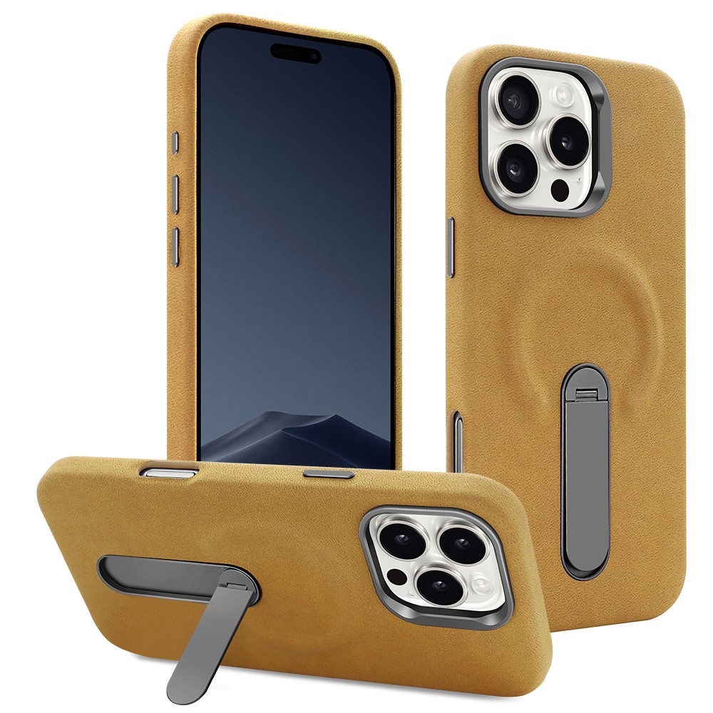For iPhone 16 Pro Max Magnetic Case with Kickstand Retro Jeans Texture PU + PC Phone Cover - Light Brown