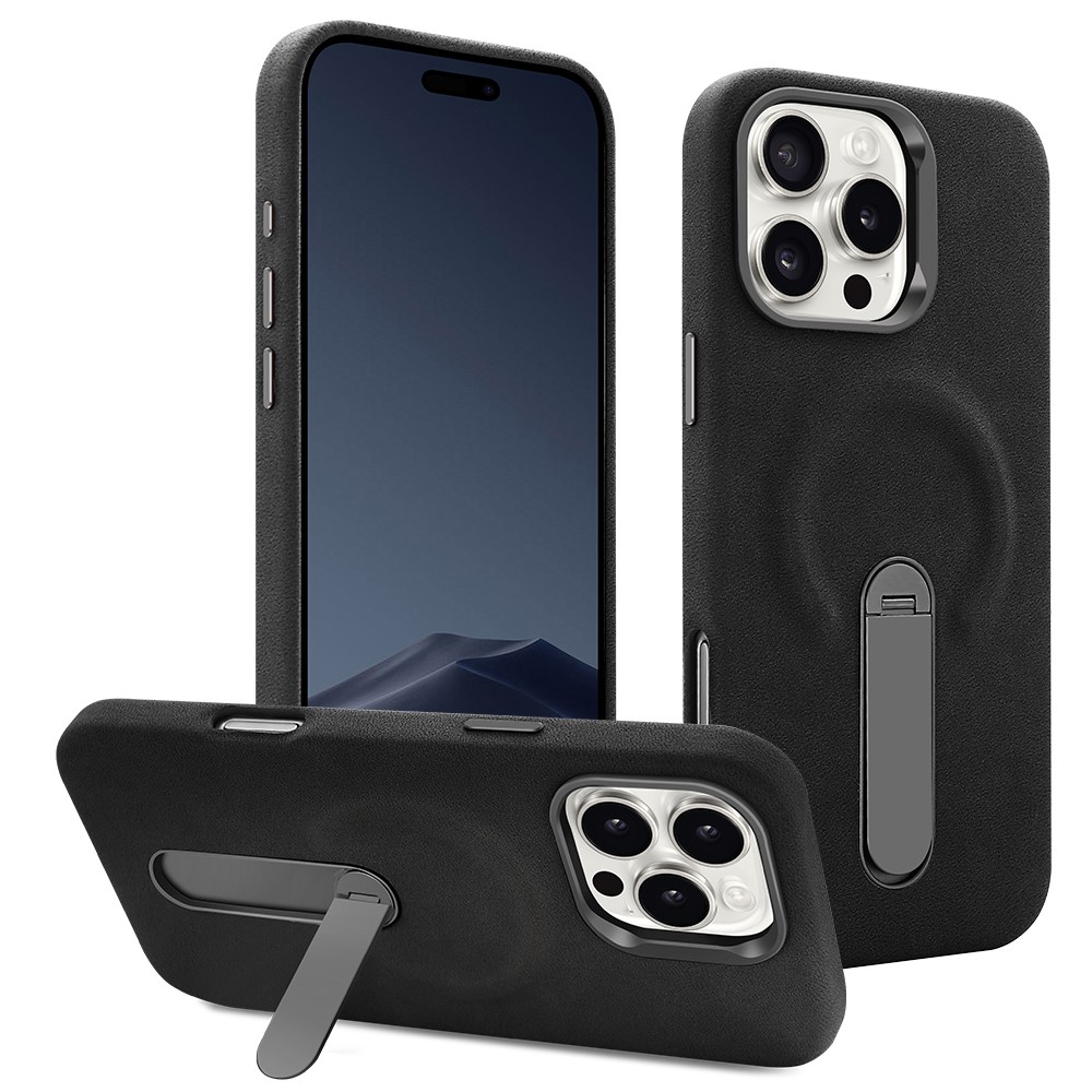 For iPhone 16 Pro Max Magnetic Case with Kickstand Retro Jeans Texture PU + PC Phone Cover - Black