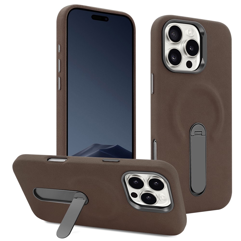 For iPhone 16 Pro Max Magnetic Case with Kickstand Retro Jeans Texture PU + PC Phone Cover - Coffee