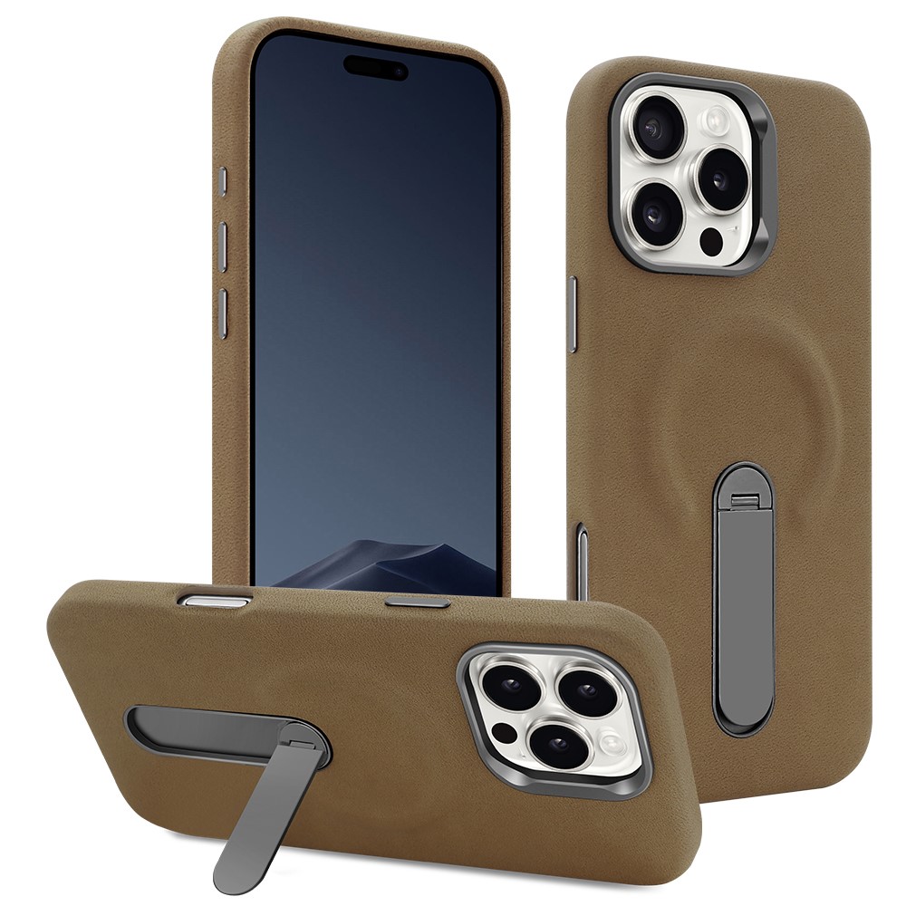 For iPhone 16 Pro Max Magnetic Case with Kickstand Retro Jeans Texture PU + PC Phone Cover - Dark Brown
