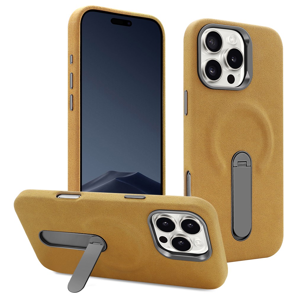 For iPhone 16 Pro Magnetic Case with Kickstand Retro Jeans Texture PU + PC Phone Cover - Light Brown
