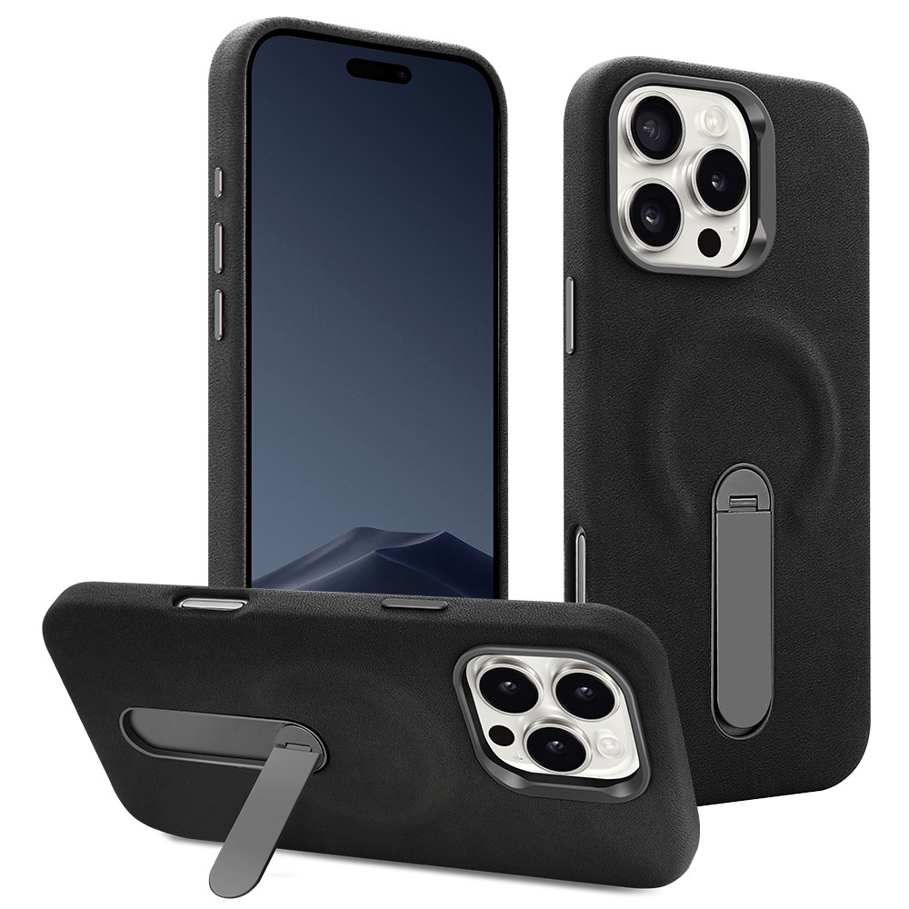 For iPhone 16 Pro Magnetic Case with Kickstand Retro Jeans Texture PU + PC Phone Cover - Black