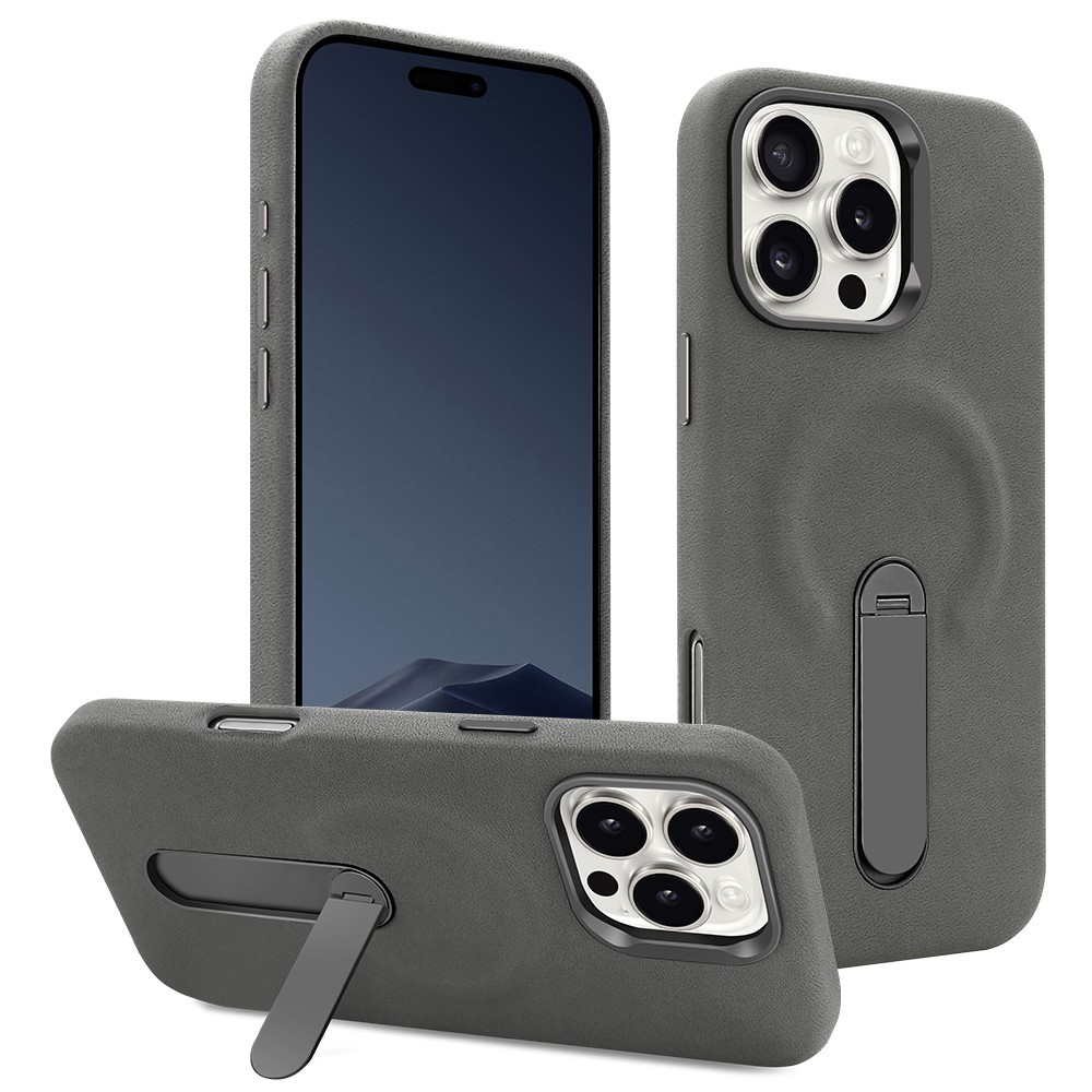 For iPhone 16 Pro Magnetic Case with Kickstand Retro Jeans Texture PU + PC Phone Cover - Dark Grey