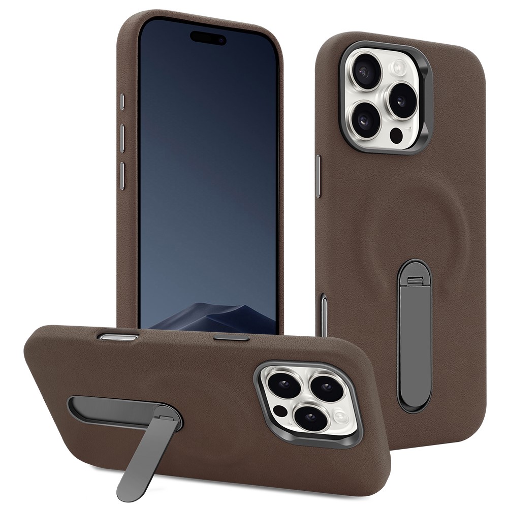 For iPhone 16 Pro Magnetic Case with Kickstand Retro Jeans Texture PU + PC Phone Cover - Coffee