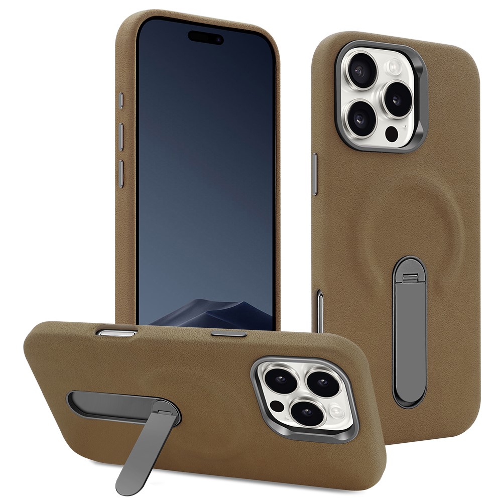 For iPhone 16 Pro Magnetic Case with Kickstand Retro Jeans Texture PU + PC Phone Cover - Dark Brown