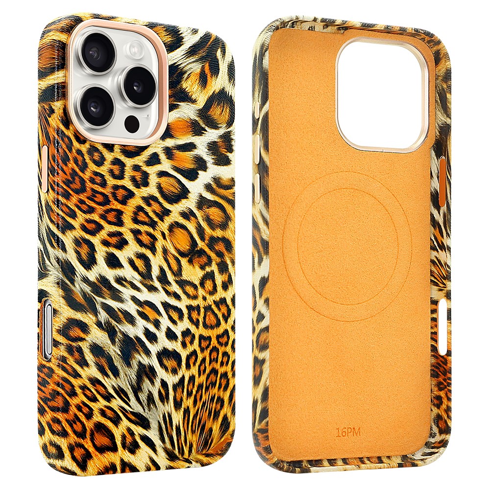 For iPhone 16 Pro Max Case Compatible with MagSafe Leopard Texture PU + PC Phone Cover - Gold