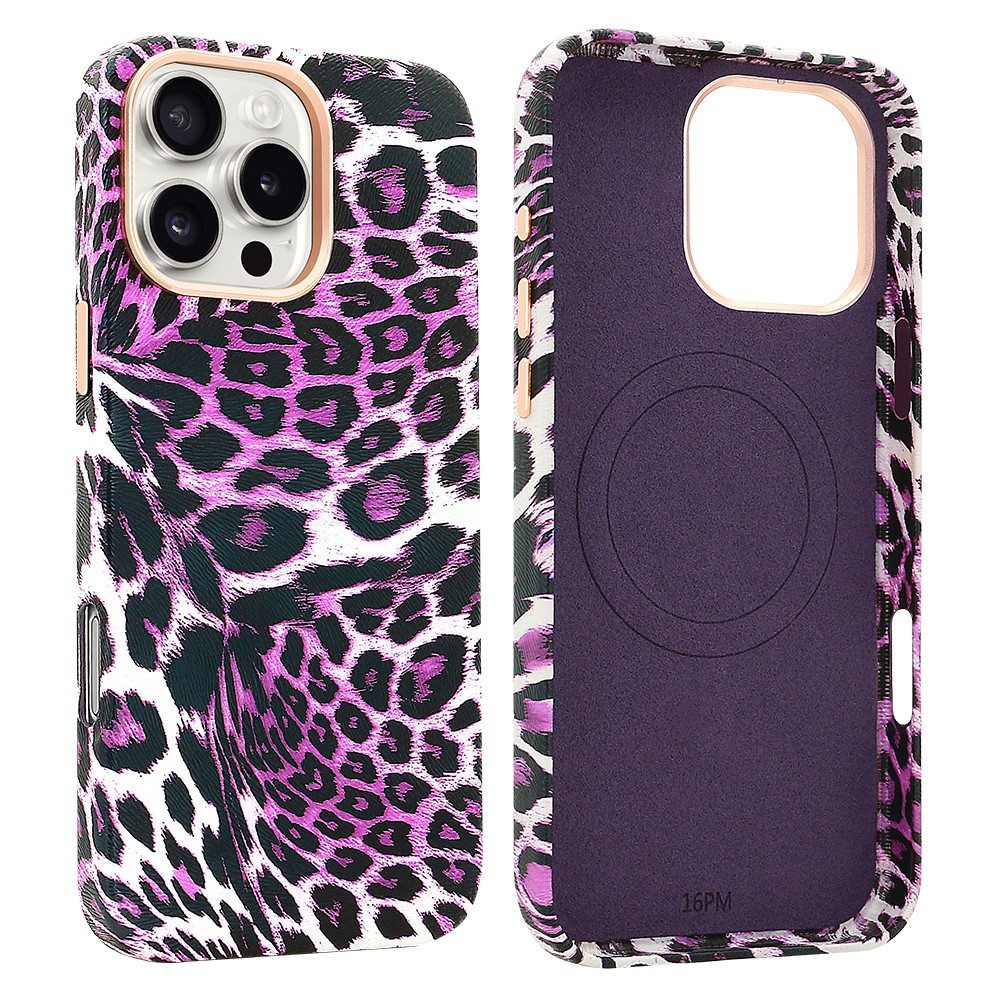 For iPhone 16 Pro Max Case Compatible with MagSafe Leopard Texture PU + PC Phone Cover - Purple