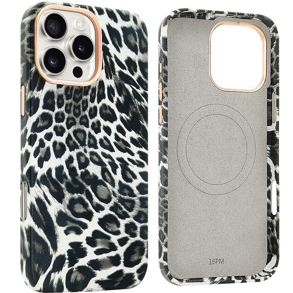 For iPhone 16 Pro Case Compatible with MagSafe Leopard Texture PU + PC Phone Cover - Black