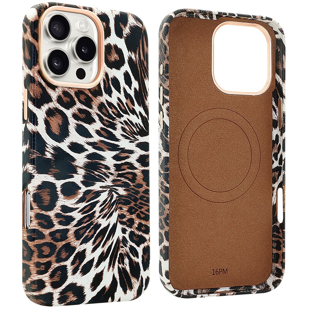 For iPhone 16 Pro Case Compatible with MagSafe Leopard Texture PU + PC Phone Cover - Brown