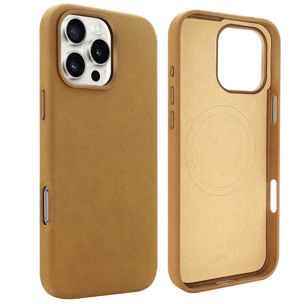 For iPhone 16 Pro Max Magnetic Case Retro Jeans Texture PU + PC Phone Cover - Light Brown
