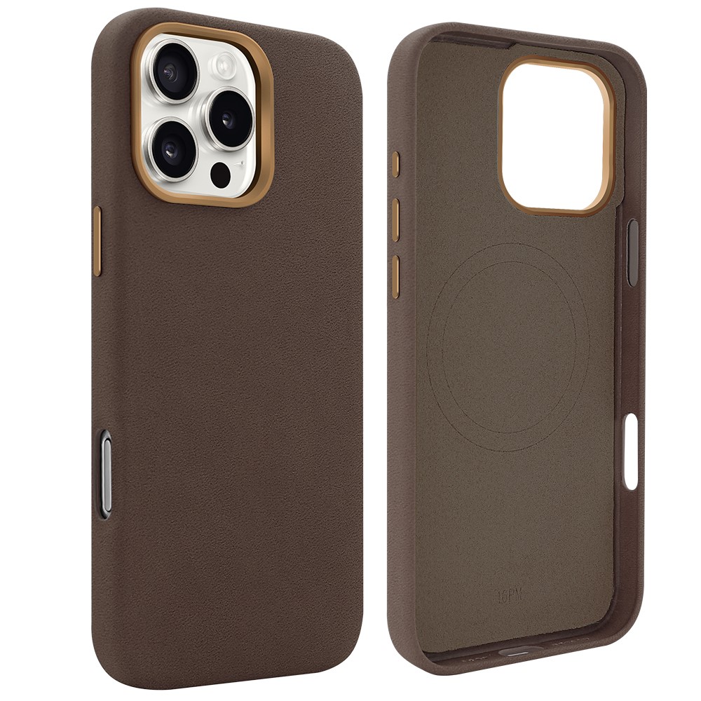 For iPhone 16 Pro Max Magnetic Case Retro Jeans Texture PU + PC Phone Cover - Coffee