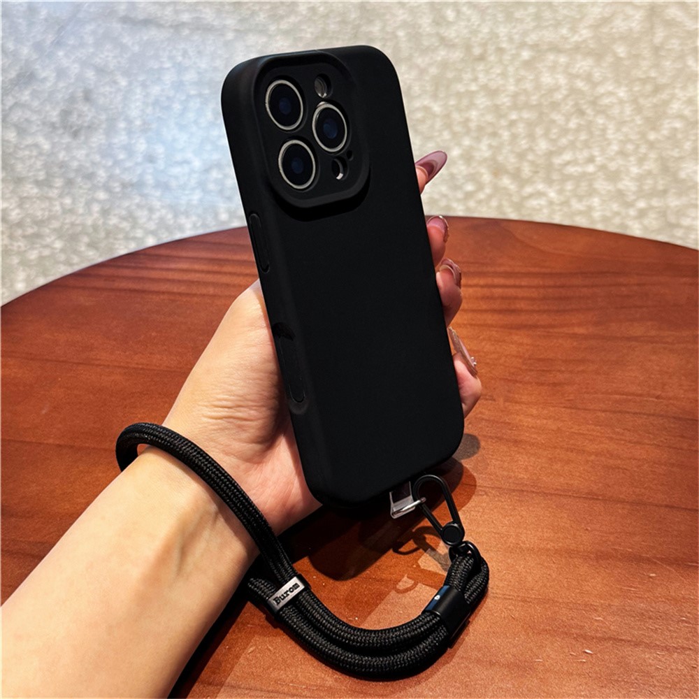 For iPhone 16 Pro Case Precise Cutouts Liquid Silicone + PC Phone Cover with Wrist Strap - Black