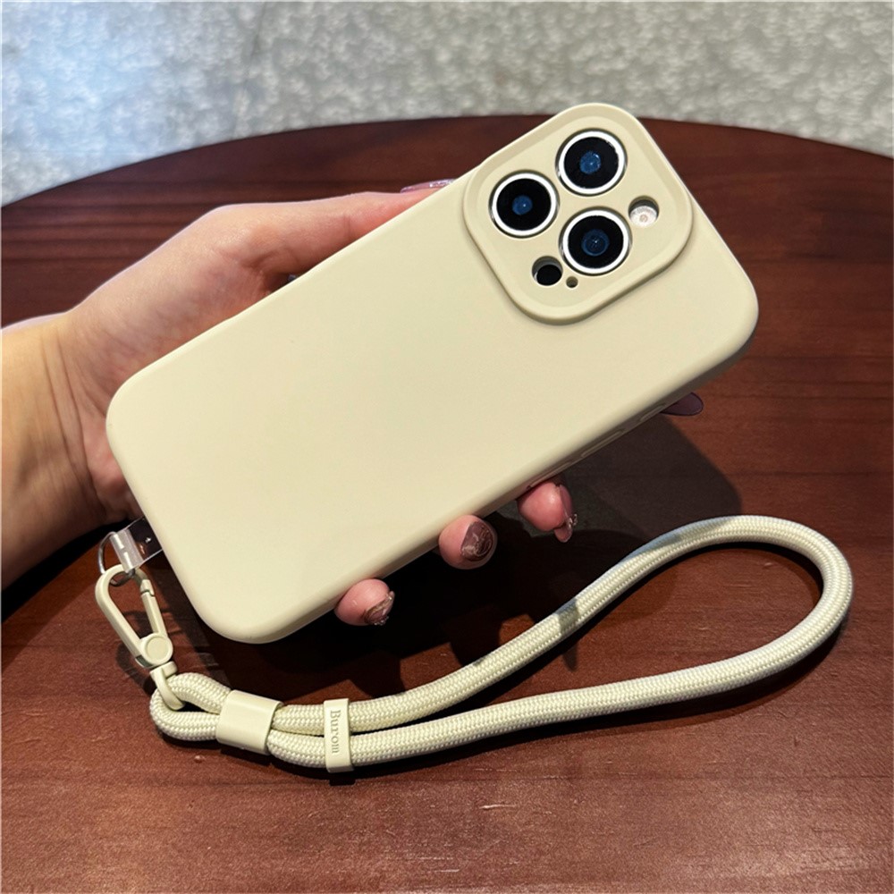 For iPhone 16 Pro Case Precise Cutouts Liquid Silicone + PC Phone Cover with Wrist Strap - Antique White