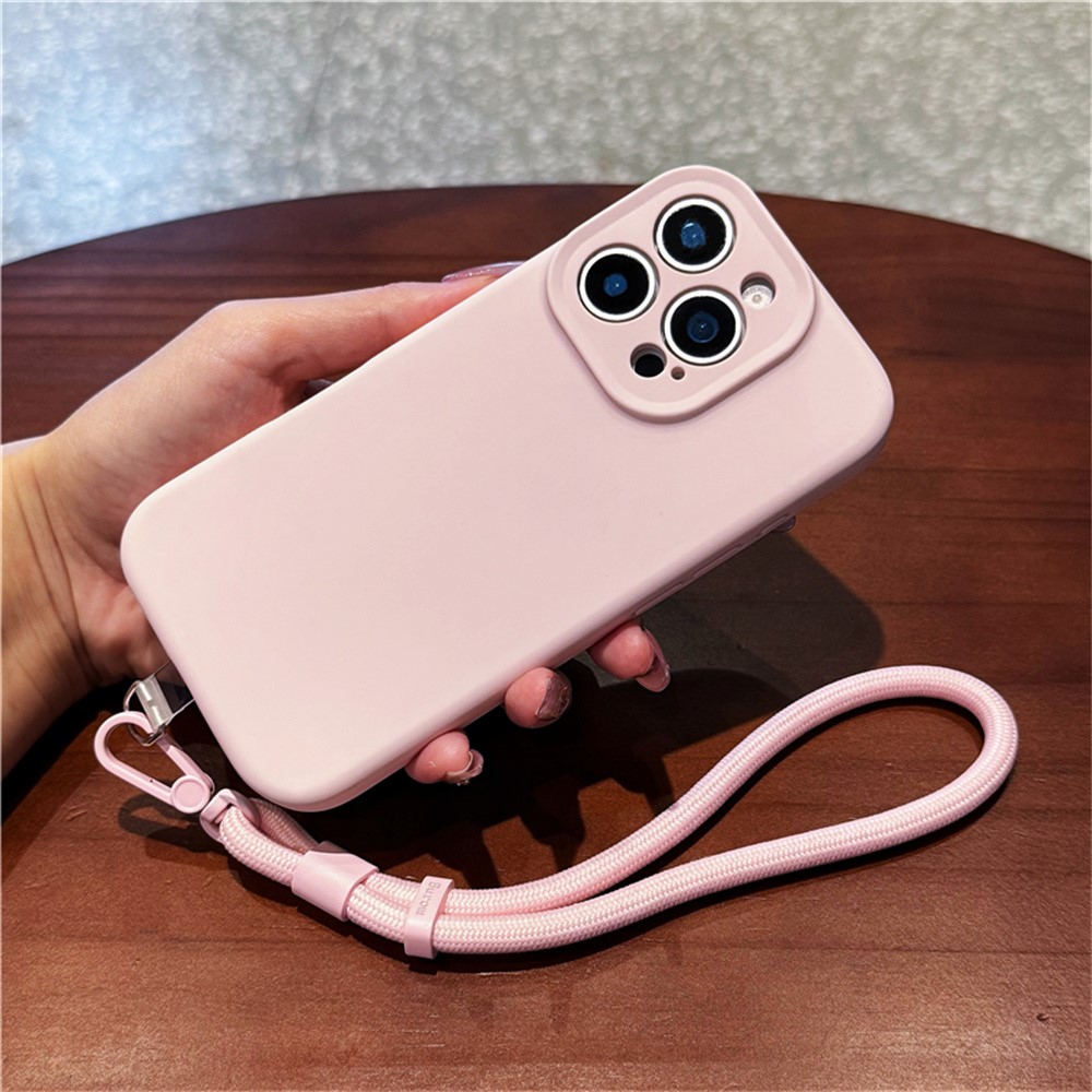 For iPhone 15 Pro Max Case Precise Cutouts Liquid Silicone + PC Phone Cover with Wrist Strap - Pink