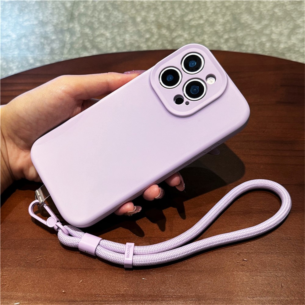 For iPhone 14 Pro Case Precise Cutouts Liquid Silicone + PC Phone Cover with Wrist Strap - Light Purple