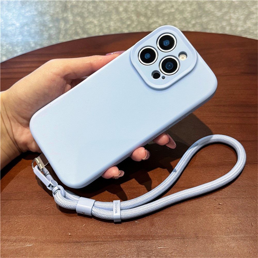 For iPhone 14 Pro Case Precise Cutouts Liquid Silicone + PC Phone Cover with Wrist Strap - Baby Blue