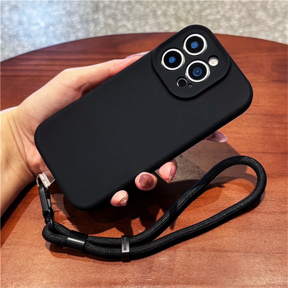 For iPhone 15 Pro Case Precise Cutouts Liquid Silicone + PC Phone Cover with Wrist Strap - Black