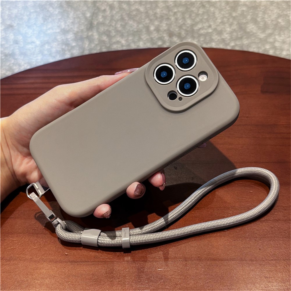 For iPhone 15 Pro Case Precise Cutouts Liquid Silicone + PC Phone Cover with Wrist Strap - Grey