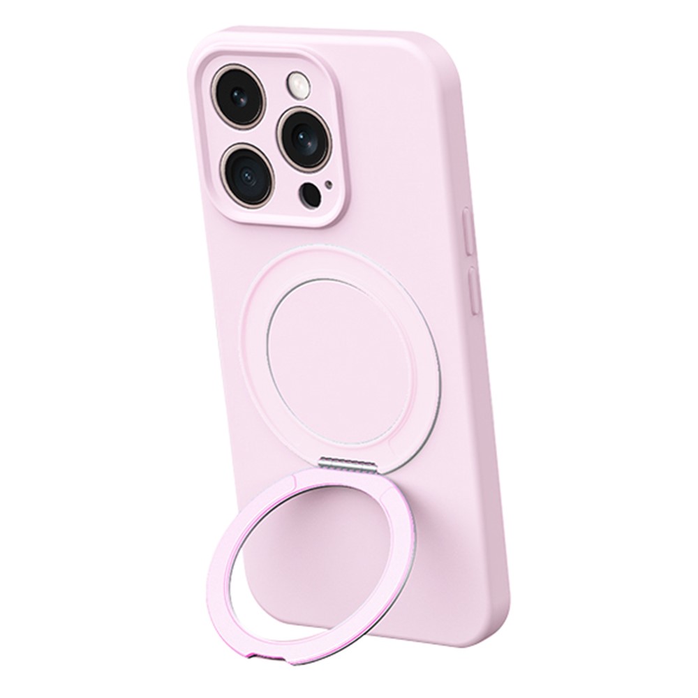 For iPhone 14 Pro Max Magnetic Case Rotating Kickstand Liquid Silicone PC Phone Cover Skin Touch - Pink