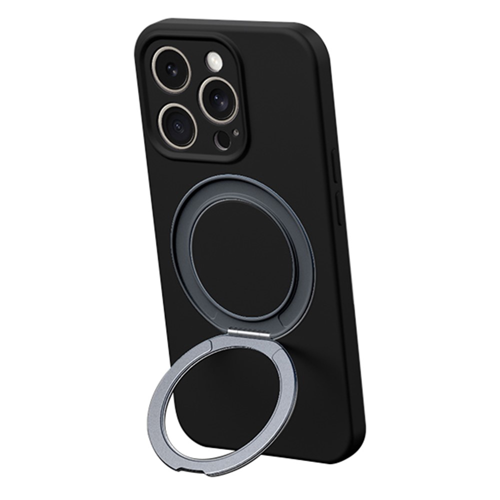 For iPhone 14 Pro Max Magnetic Case Rotating Kickstand Liquid Silicone PC Phone Cover Skin Touch - Black