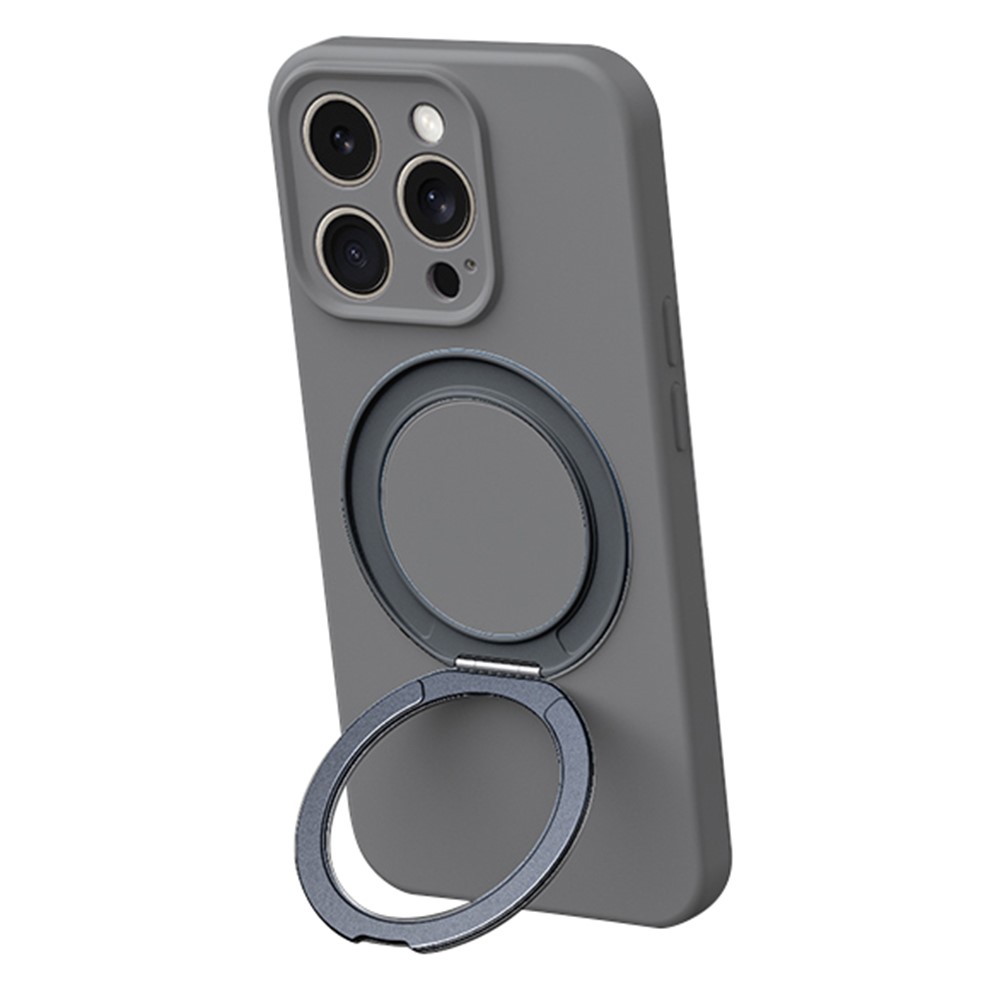 For iPhone 15 Pro Max Magnetic Case Rotating Kickstand Liquid Silicone PC Phone Cover Skin Touch - Grey