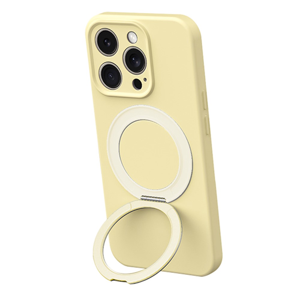 For iPhone 15 Pro Max Magnetic Case Rotating Kickstand Liquid Silicone PC Phone Cover Skin Touch - Light Yellow