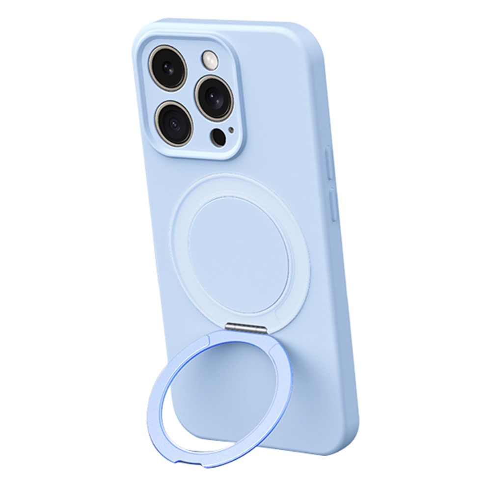 For iPhone 15 Pro Magnetic Case Rotating Kickstand Liquid Silicone PC Phone Cover Skin Touch - Baby Blue