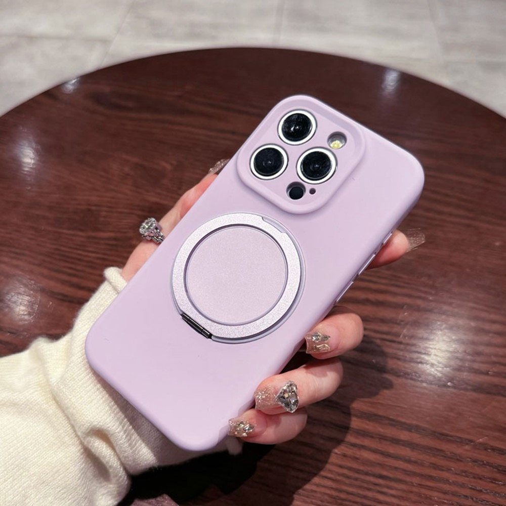 For iPhone 16 Pro Max Magnetic Case Rotating Kickstand Liquid Silicone PC Phone Cover Skin Touch - Purple