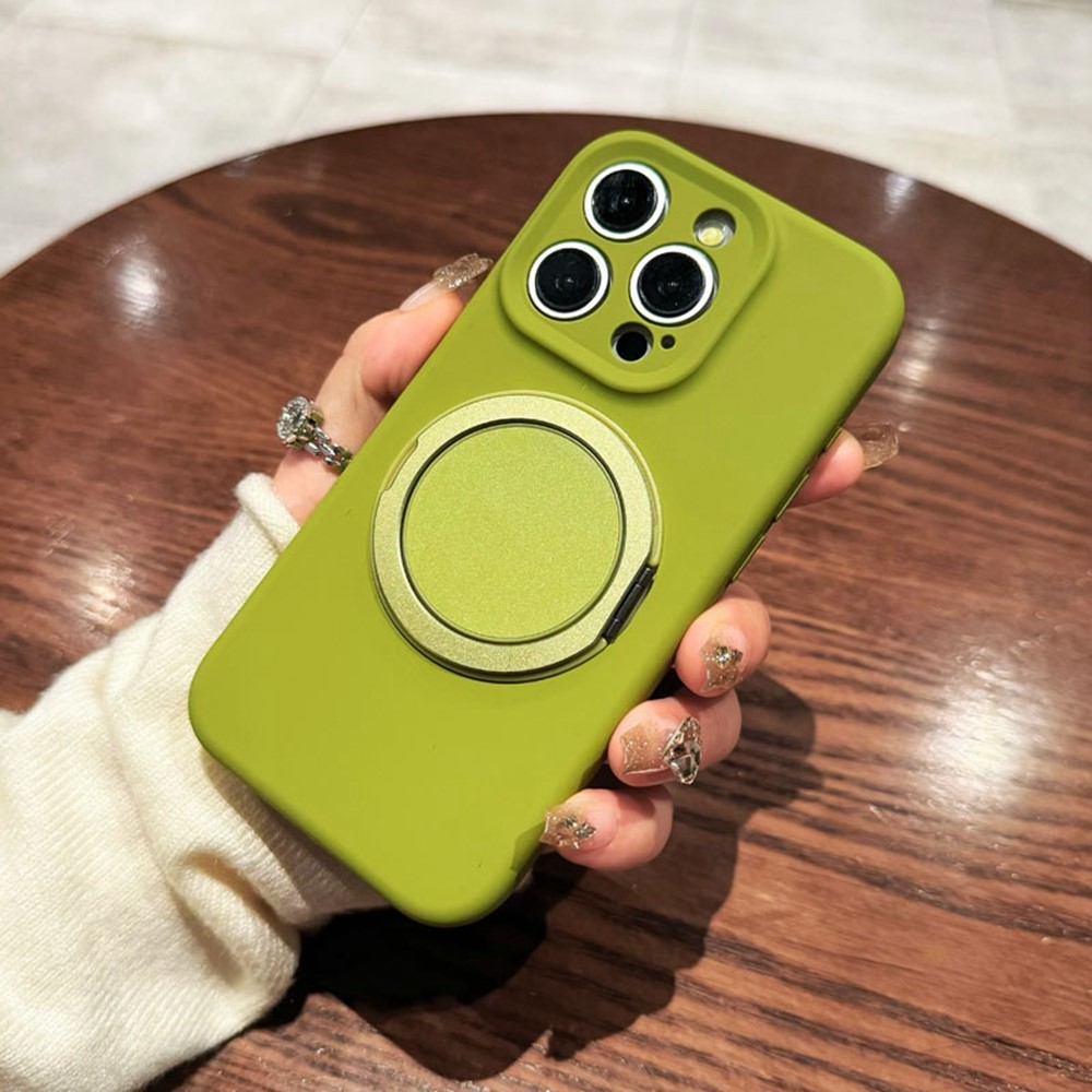 For iPhone 16 Pro Max Magnetic Case Rotating Kickstand Liquid Silicone PC Phone Cover Skin Touch - Green