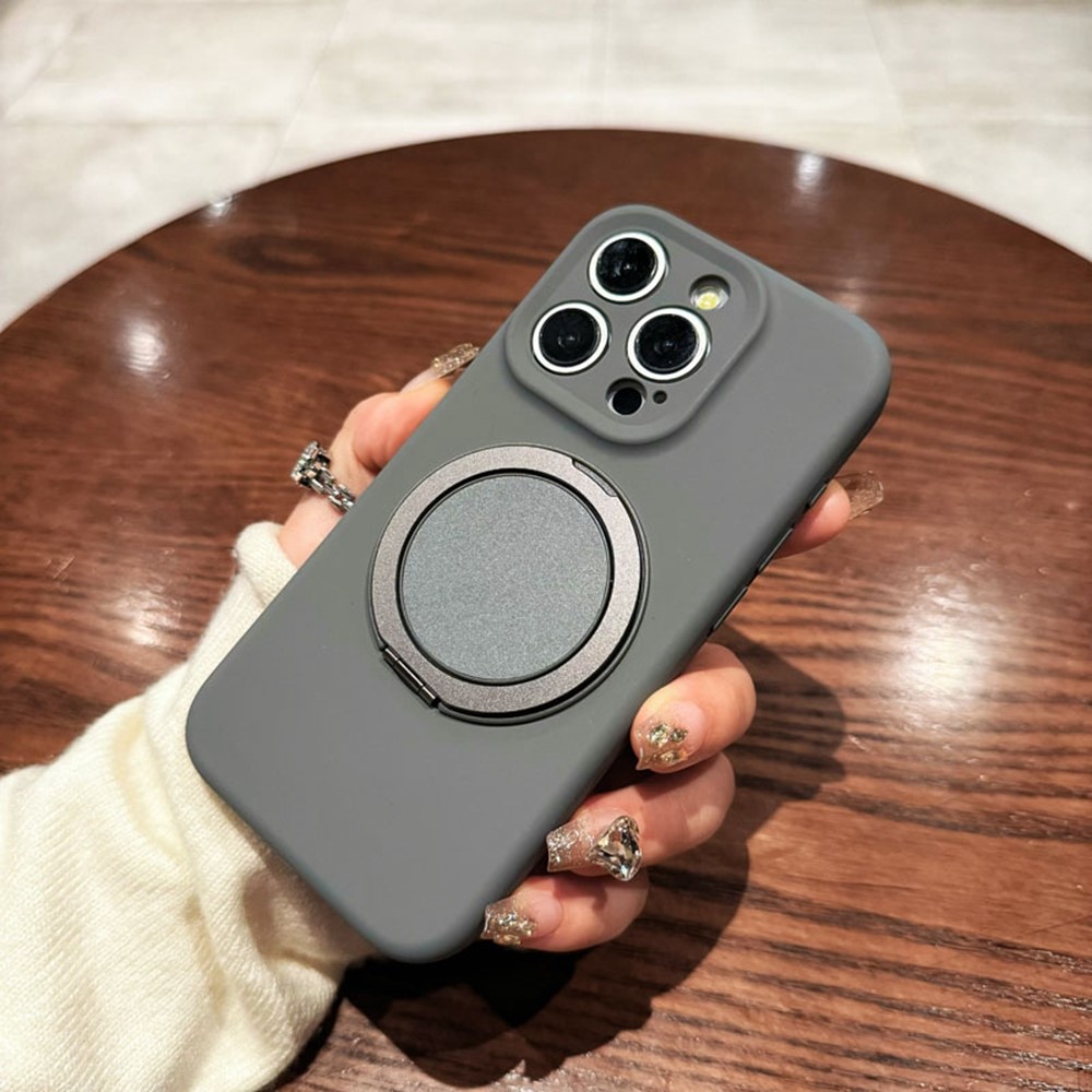 For iPhone 16 Pro Max Magnetic Case Rotating Kickstand Liquid Silicone PC Phone Cover Skin Touch - Grey
