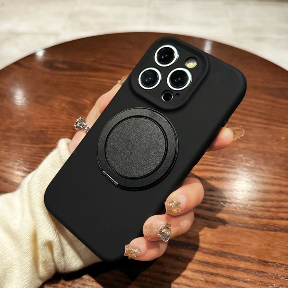For iPhone 16 Pro Max Magnetic Case Rotating Kickstand Liquid Silicone PC Phone Cover Skin Touch - Black