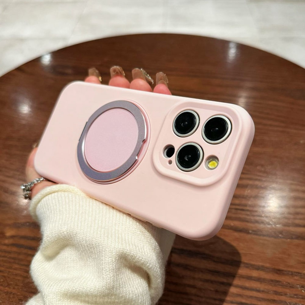 For iPhone 16 Pro Max Magnetic Case Rotating Kickstand Liquid Silicone PC Phone Cover Skin Touch - Pink