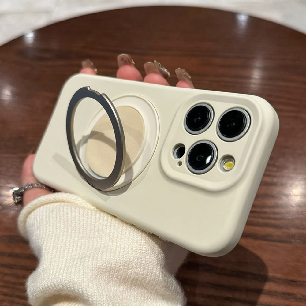 For iPhone 16 Pro Max Magnetic Case Rotating Kickstand Liquid Silicone PC Phone Cover Skin Touch - Antique White