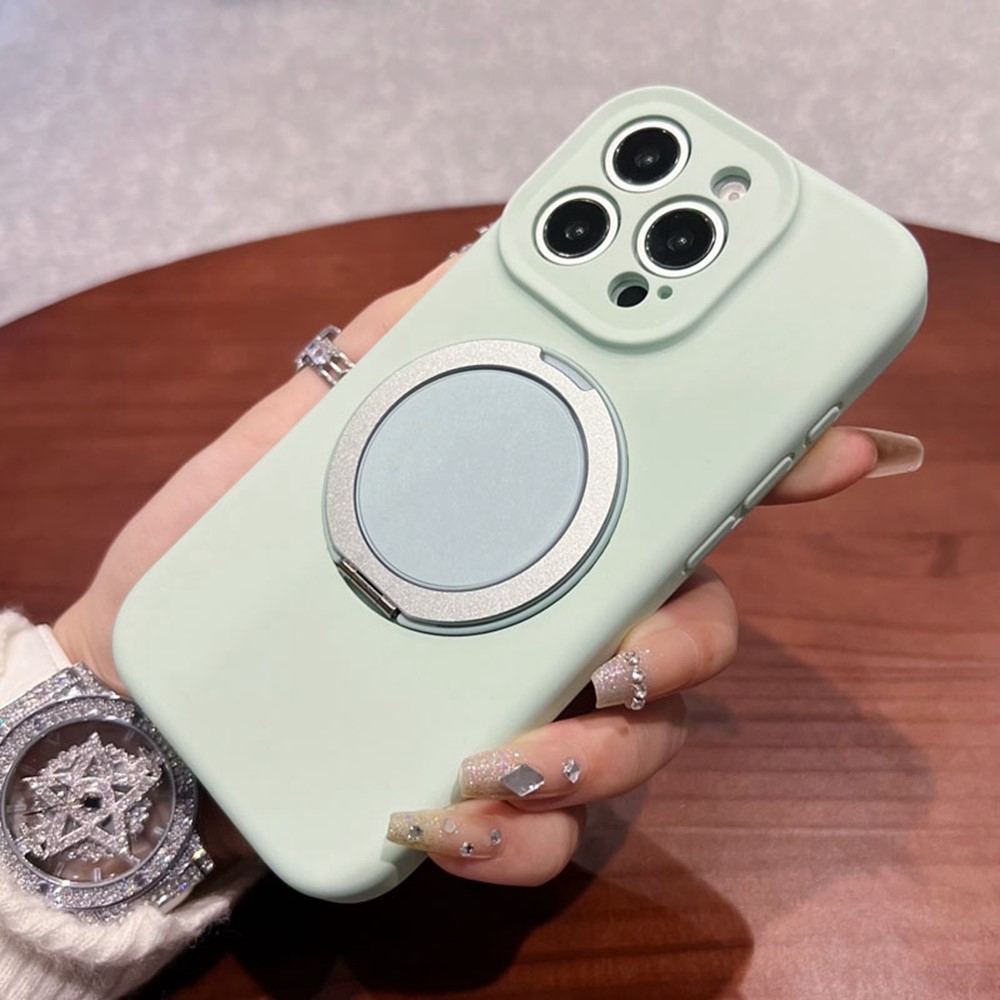 For iPhone 16 Pro Max Magnetic Case Rotating Kickstand Liquid Silicone PC Phone Cover Skin Touch - Light Green