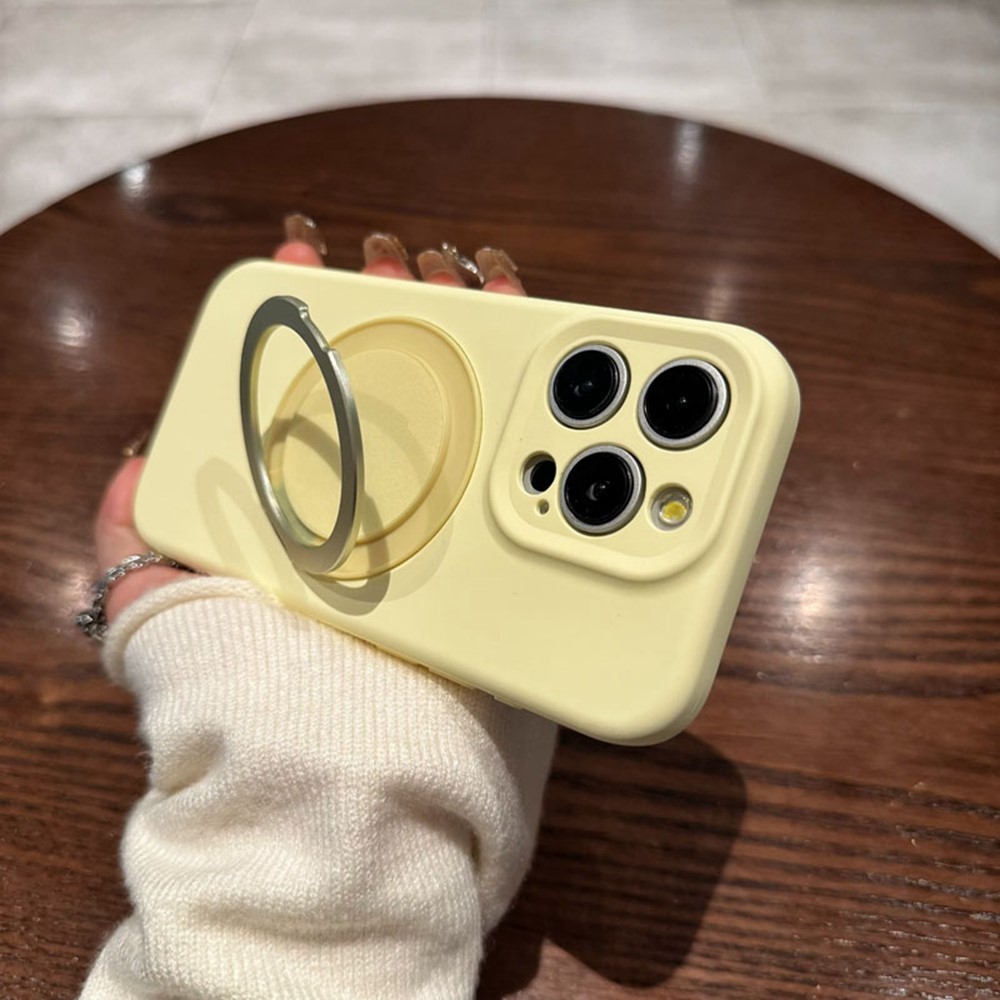 For iPhone 16 Pro Magnetic Case Rotating Kickstand Liquid Silicone PC Phone Cover Skin Touch - Light Yellow