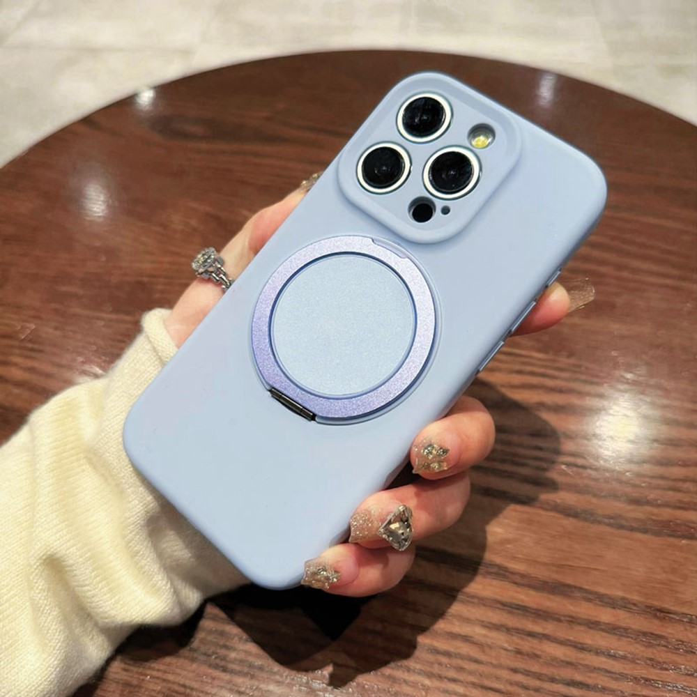 For iPhone 16 Pro Magnetic Case Rotating Kickstand Liquid Silicone PC Phone Cover Skin Touch - Baby Blue